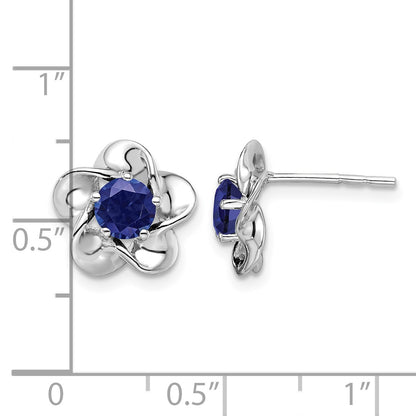 Sterling Silver Rhodium-plated Floral Created Sapphire Post Earrings