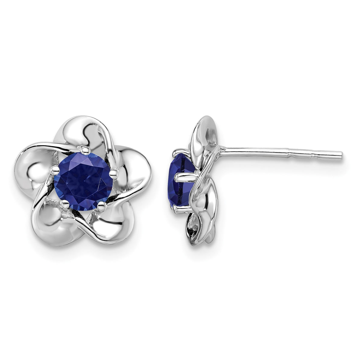 Sterling Silver Rhodium-plated Floral Created Sapphire Post Earrings