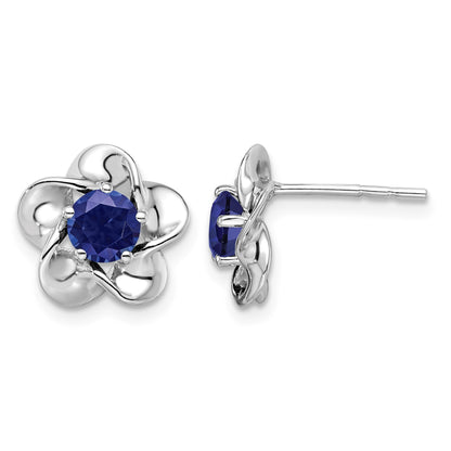 Sterling Silver Rhodium-plated Floral Created Sapphire Post Earrings