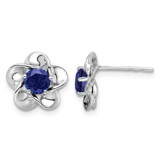 Sterling Silver Rhodium-plated Floral Created Sapphire Post Earrings