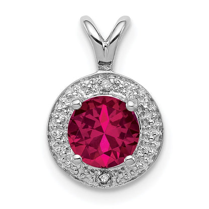 Sterling Silver Rhodium Plated Lab Created Ruby and .010 ctw Diamond Halo Pendant
