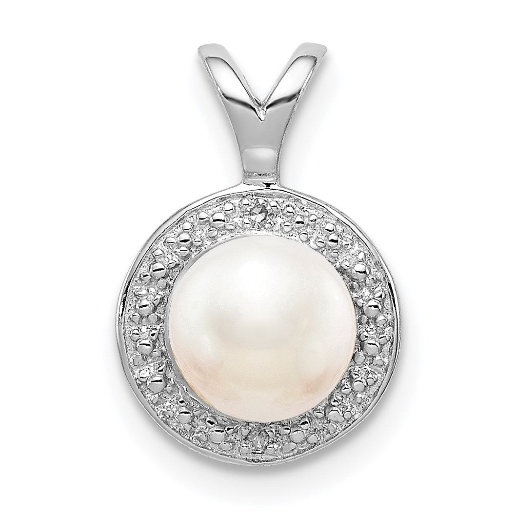 Sterling Silver Rhodium-plated Diam. & FW Cultured Pearl Pendant