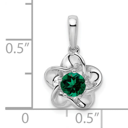 Sterling Silver Rhodium-plated Floral Created Emerald Pendant