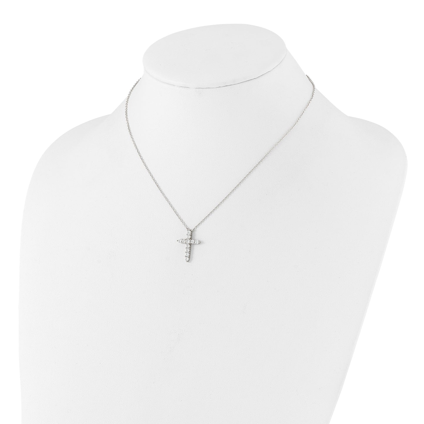 SS Rhodium-plated CZ April Birthstone Cross 16in w/2in ext Necklace