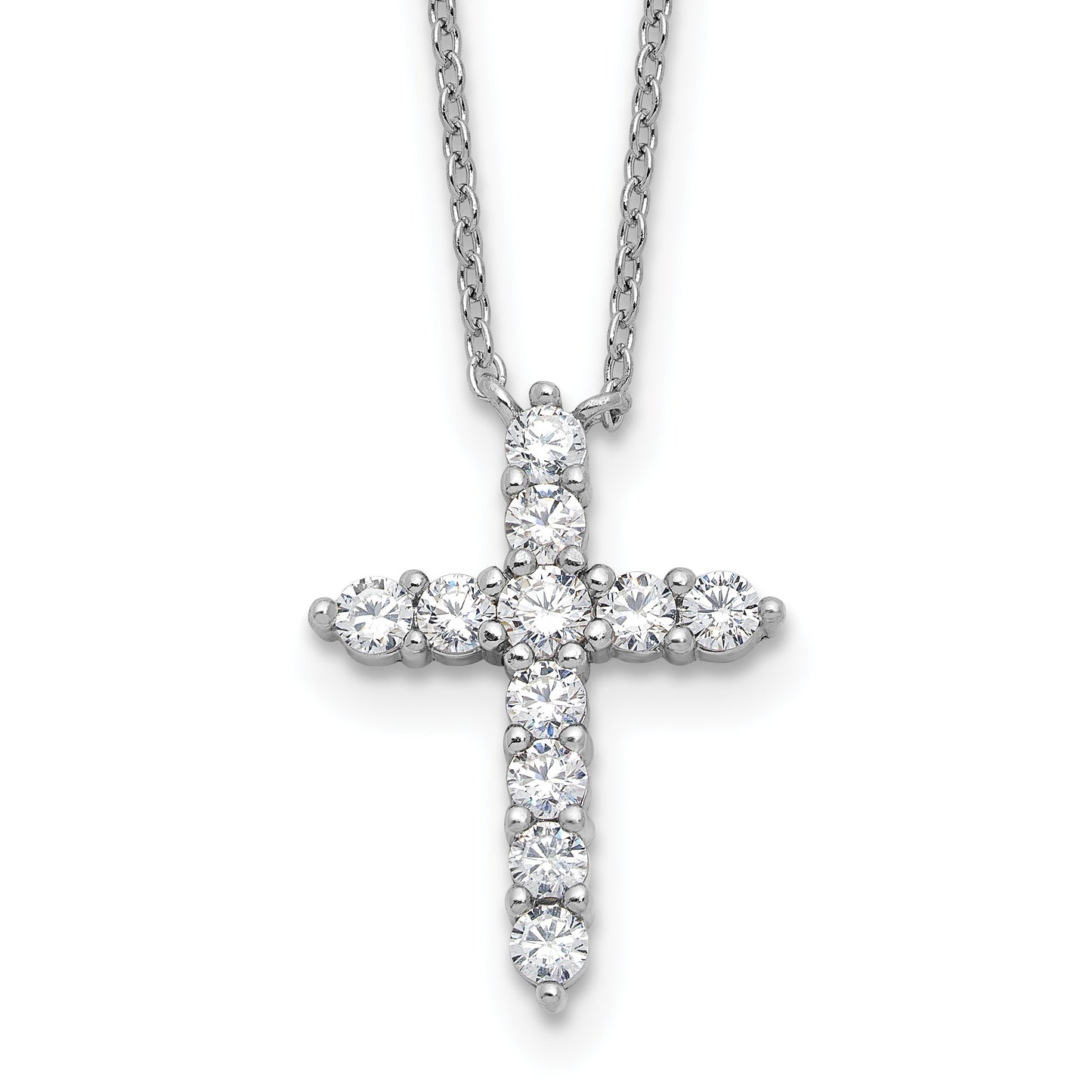 SS Rhodium-plated CZ April Birthstone Cross 16in w/2in ext Necklace