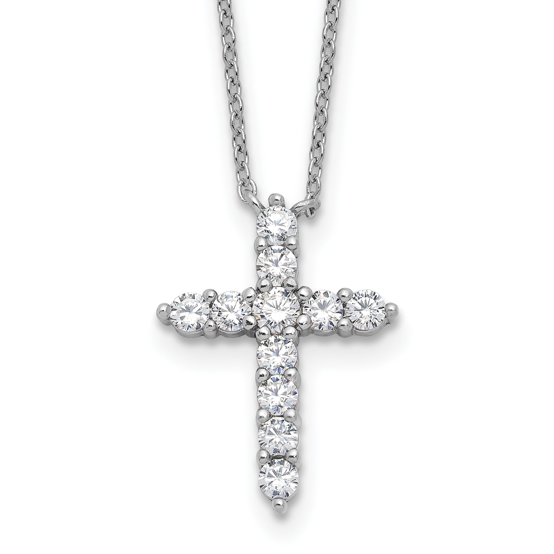 SS Rhodium-plated CZ April Birthstone Cross 16in w/2in ext Necklace
