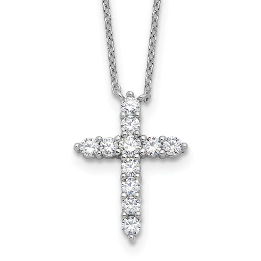 SS Rhodium-plated CZ April Birthstone Cross 16in w/2in ext Necklace