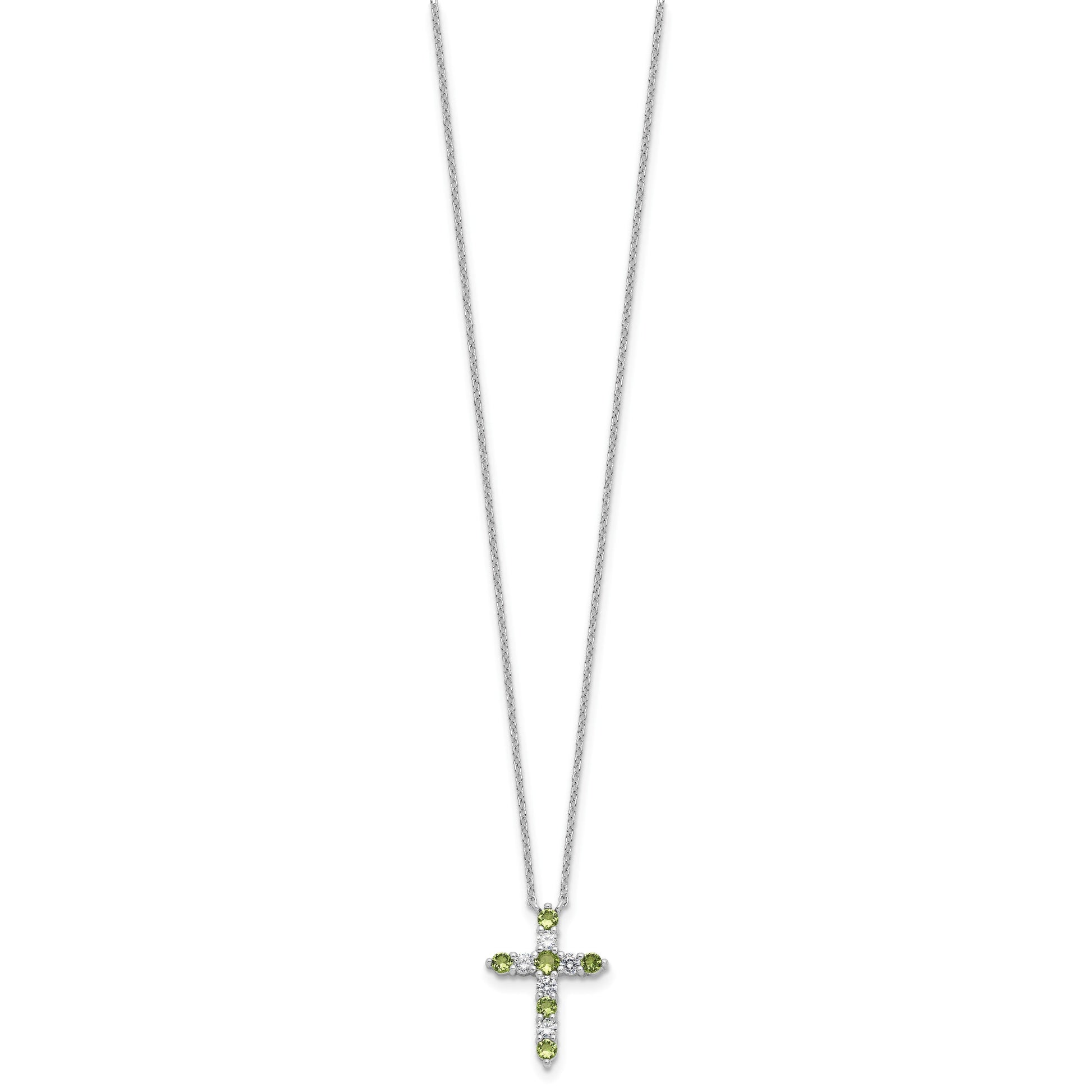 SS Rhodium-plated Green CZ August Birthstone Cross w/2in ext Necklace