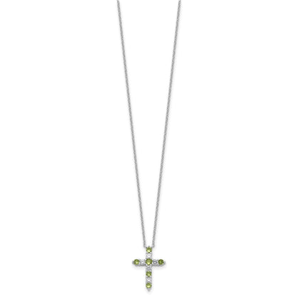 SS Rhodium-plated Green CZ August Birthstone Cross w/2in ext Necklace