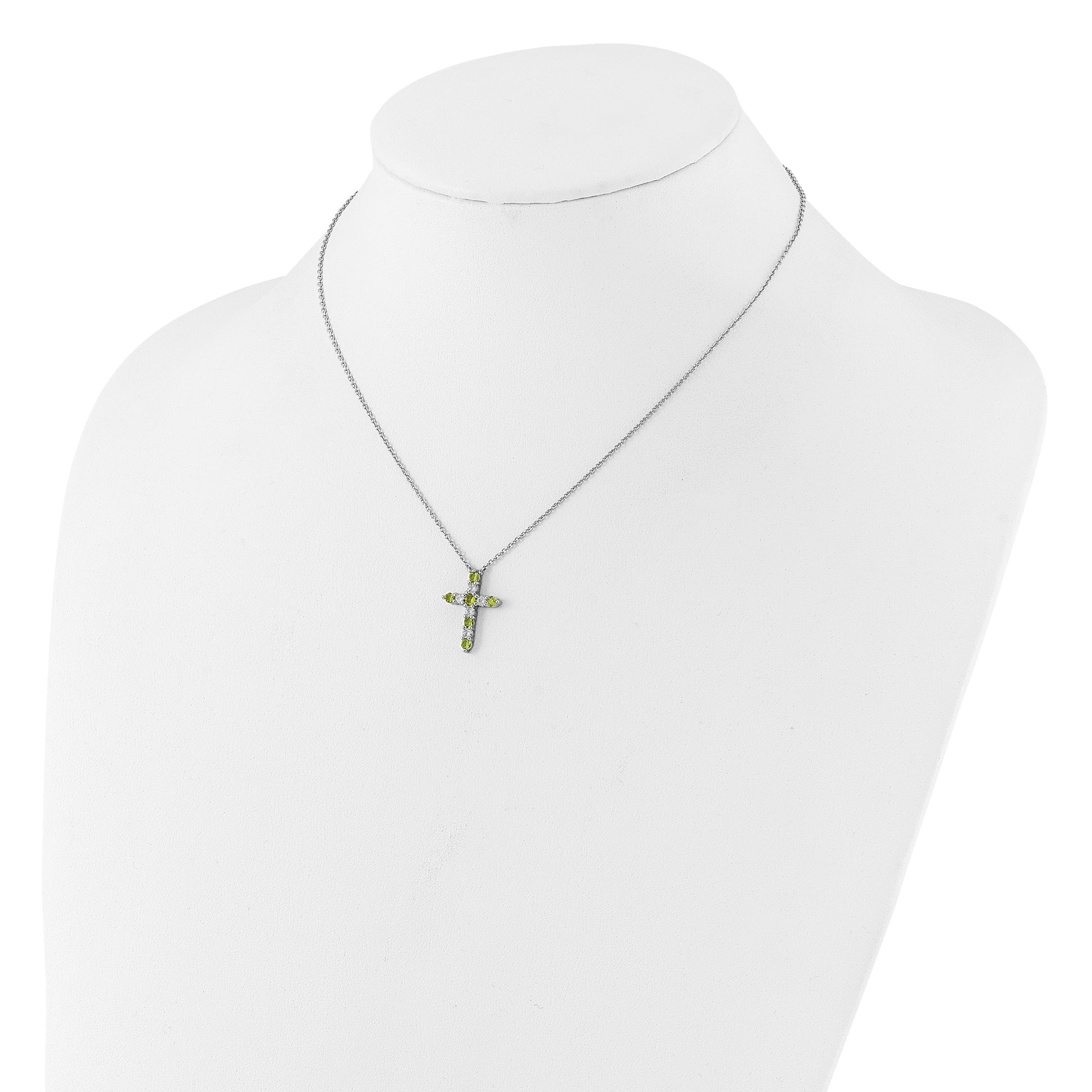 SS Rhodium-plated Green CZ August Birthstone Cross w/2in ext Necklace