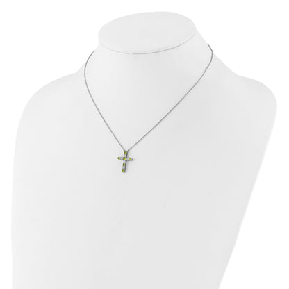 SS Rhodium-plated Green CZ August Birthstone Cross w/2in ext Necklace