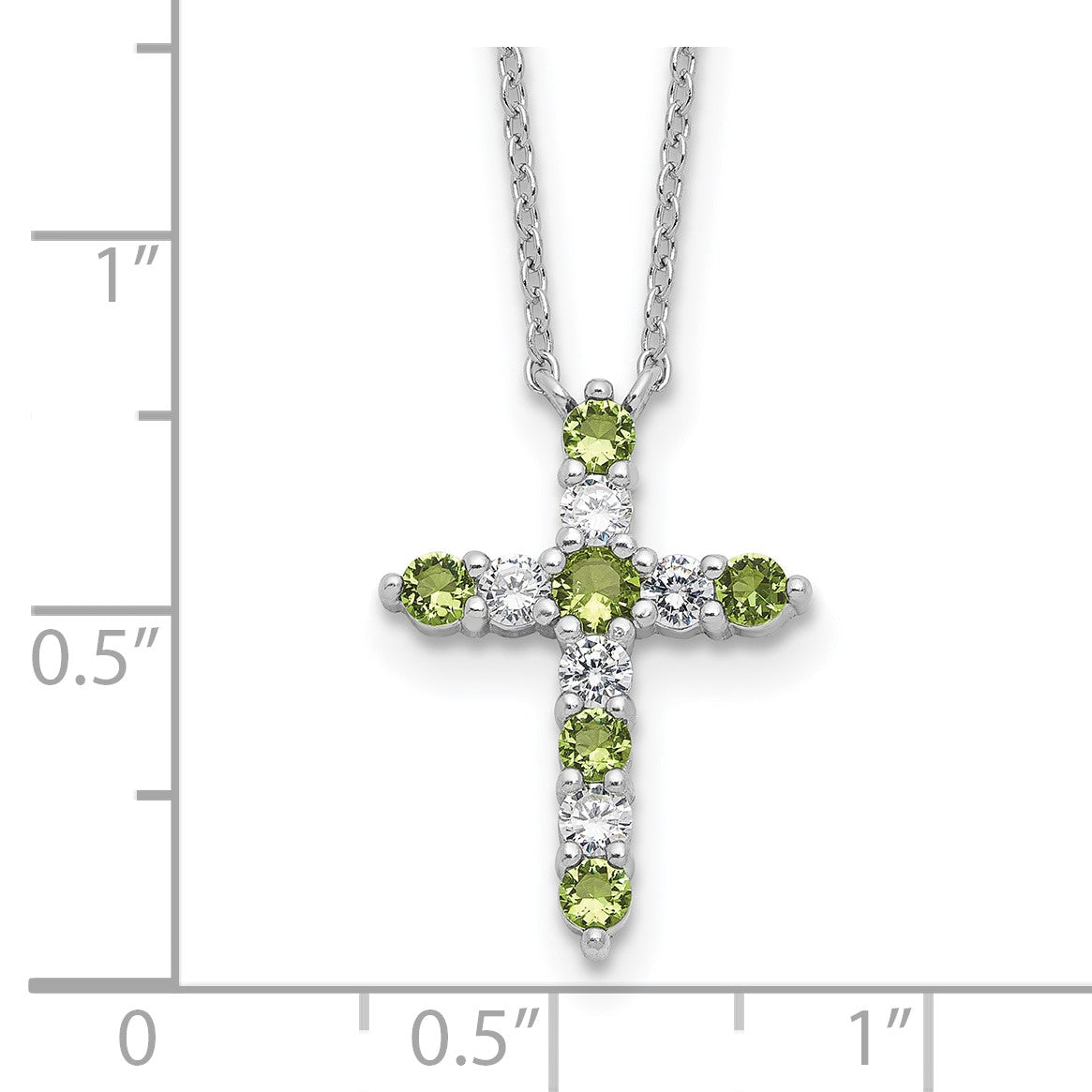 SS Rhodium-plated Green CZ August Birthstone Cross w/2in ext Necklace