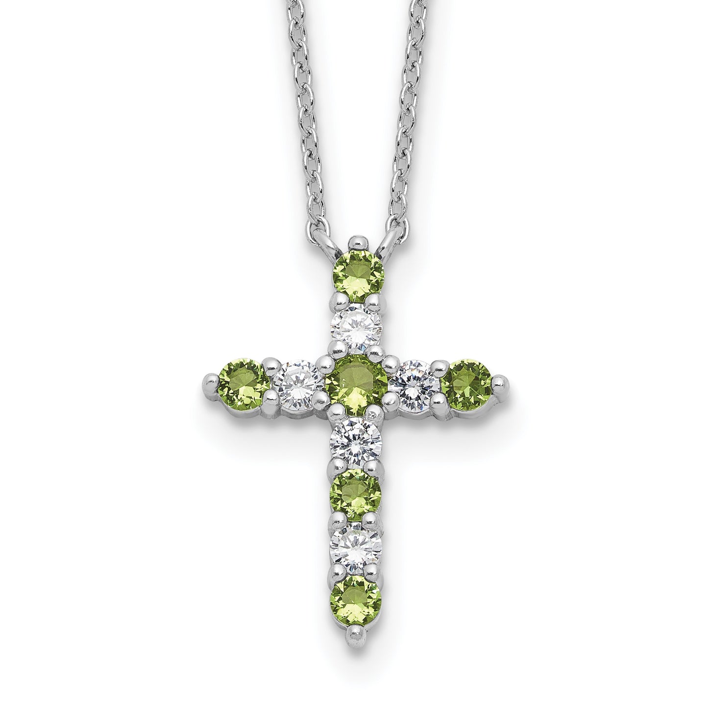 SS Rhodium-plated Green CZ August Birthstone Cross w/2in ext Necklace