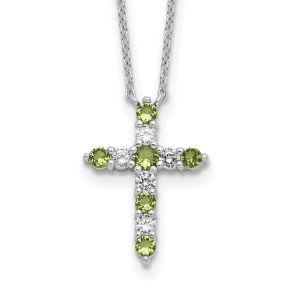 SS Rhodium-plated Green CZ August Birthstone Cross w/2in ext Necklace