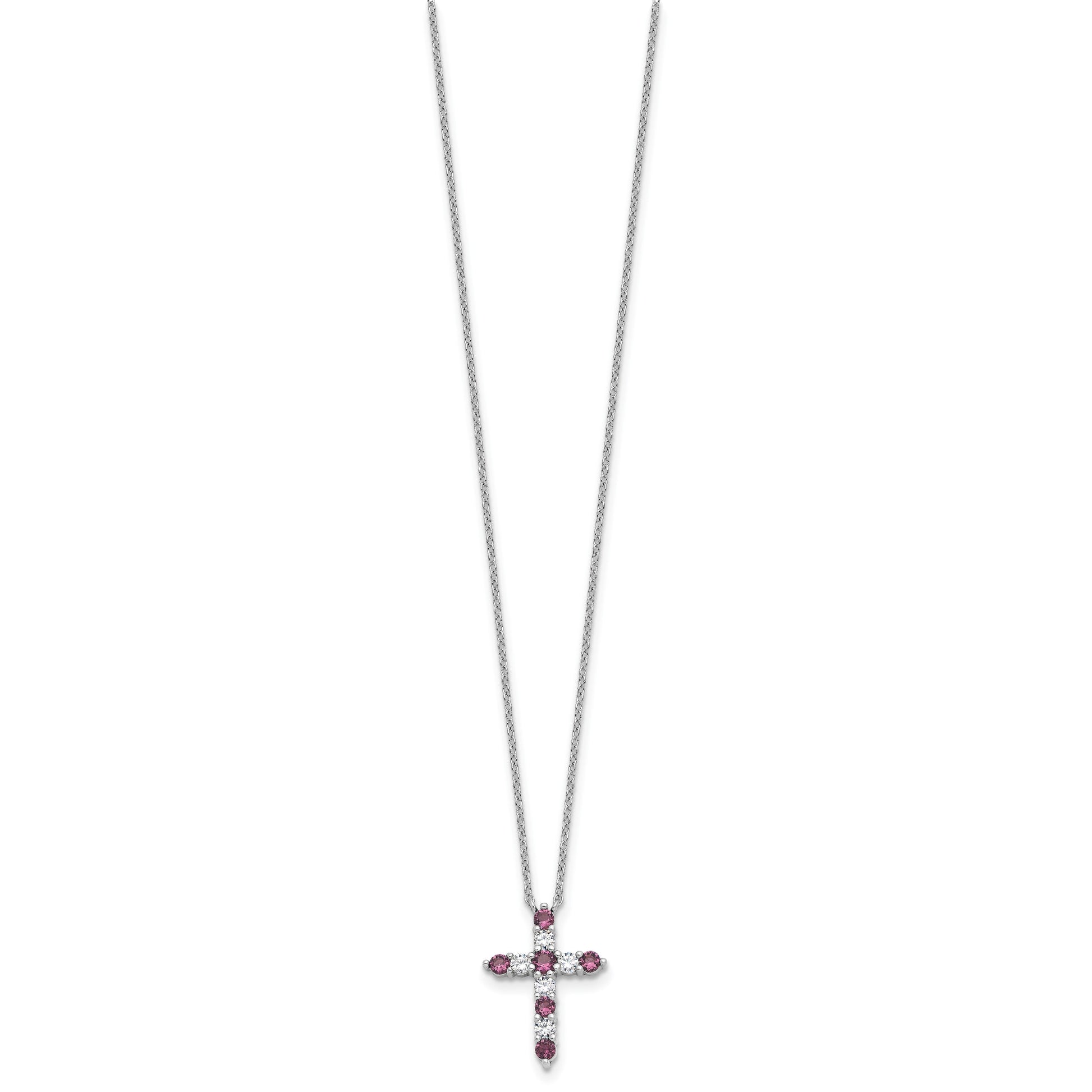 SS Rhodium-plated Purple CZ February Birthstone Cross w/2in ext Necklace