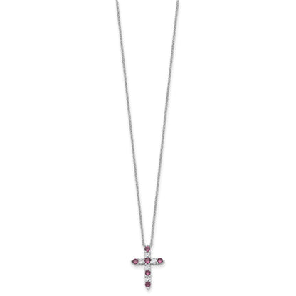 SS Rhodium-plated Purple CZ February Birthstone Cross w/2in ext Necklace