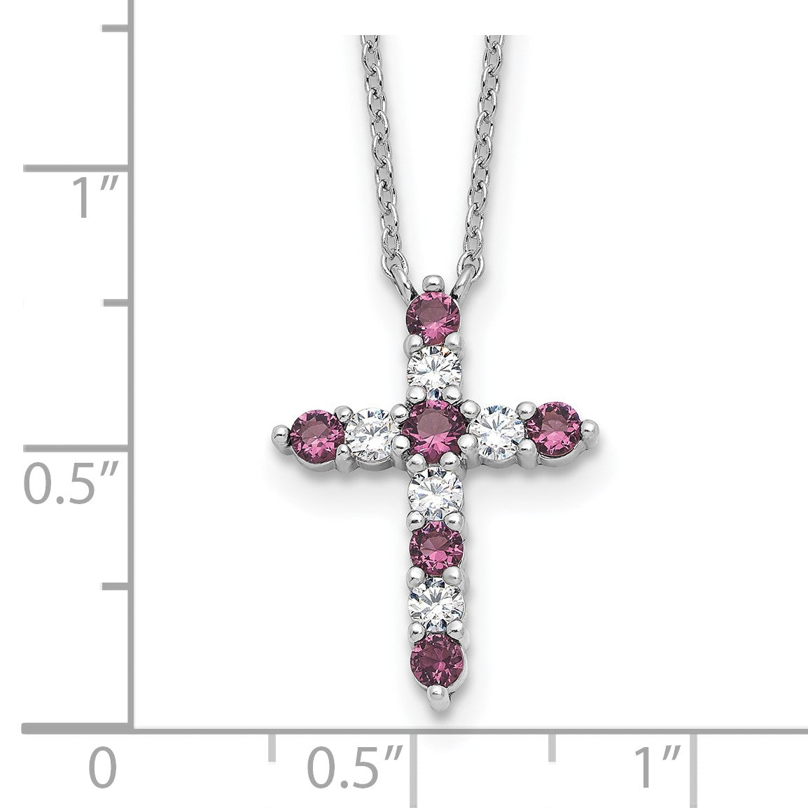 SS Rhodium-plated Purple CZ February Birthstone Cross w/2in ext Necklace