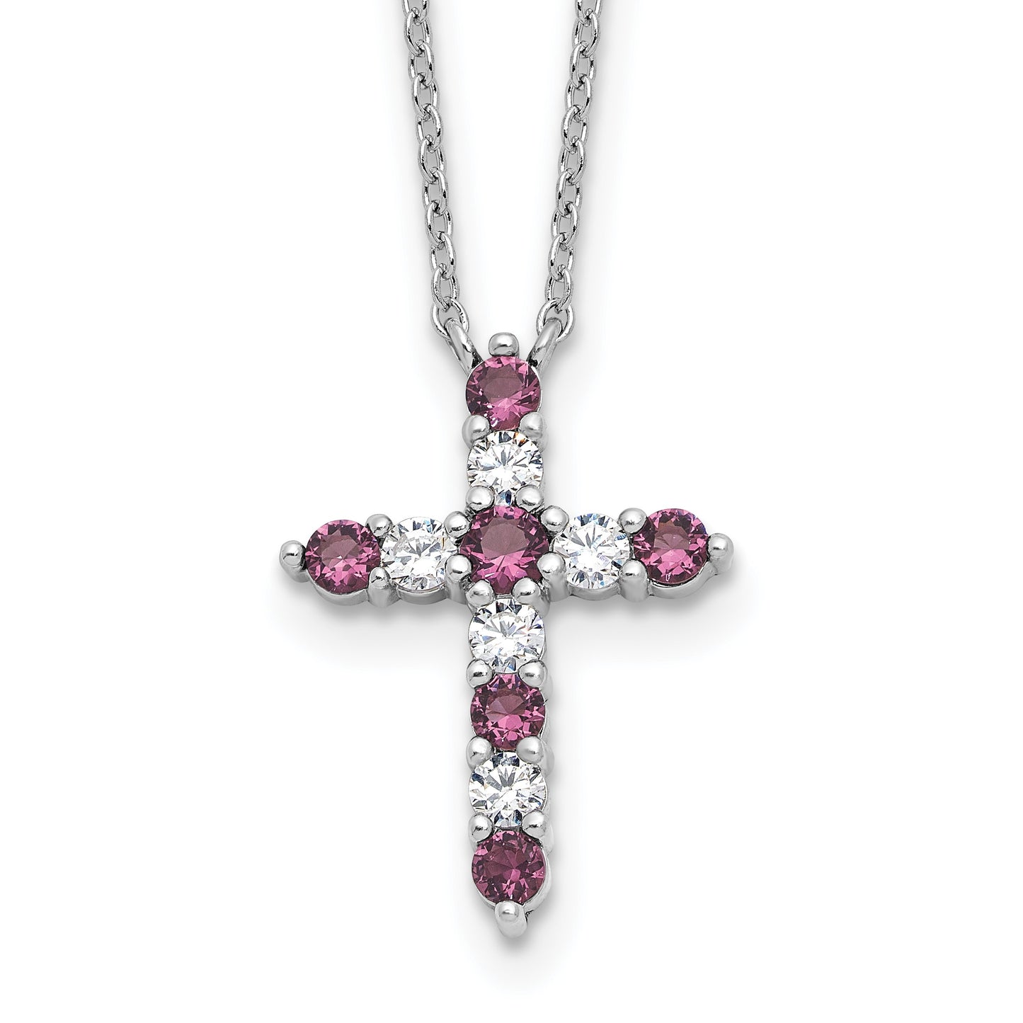 SS Rhodium-plated Purple CZ February Birthstone Cross w/2in ext Necklace