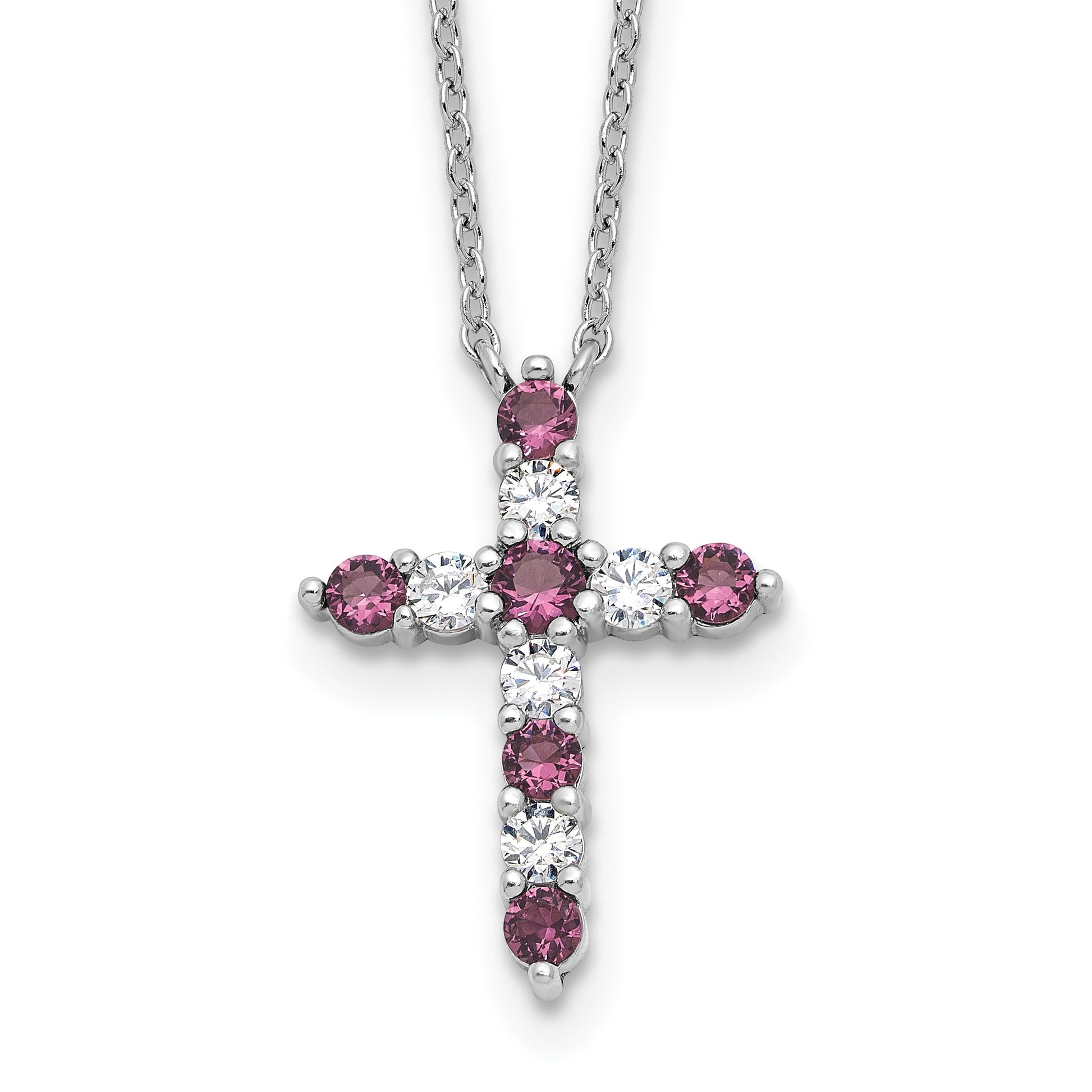SS Rhodium-plated Purple CZ February Birthstone Cross w/2in ext Necklace