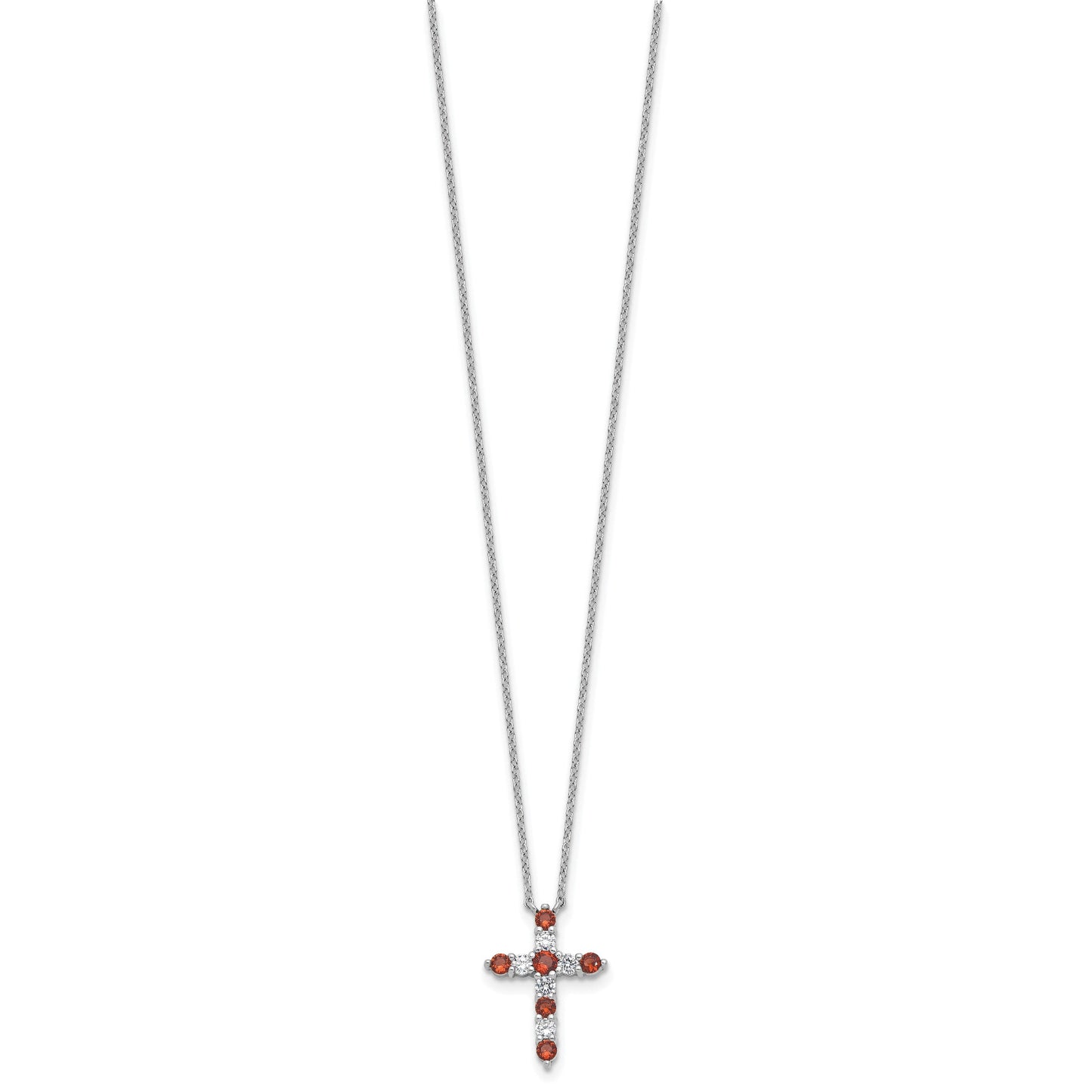 SS Rhodium-plated Red CZ January Birthstone Cross w/2in ext Necklace