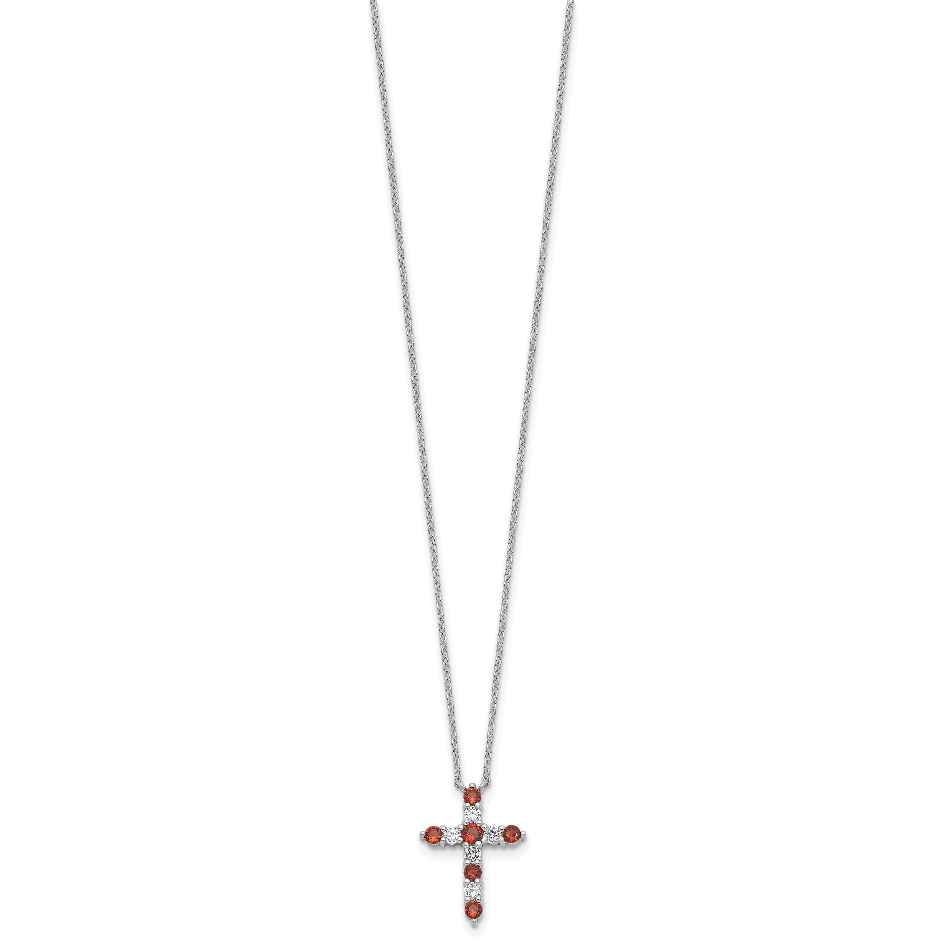 SS Rhodium-plated Red CZ January Birthstone Cross w/2in ext Necklace