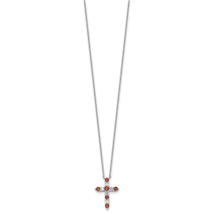 SS Rhodium-plated Red CZ January Birthstone Cross w/2in ext Necklace