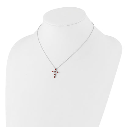 SS Rhodium-plated Red CZ January Birthstone Cross w/2in ext Necklace