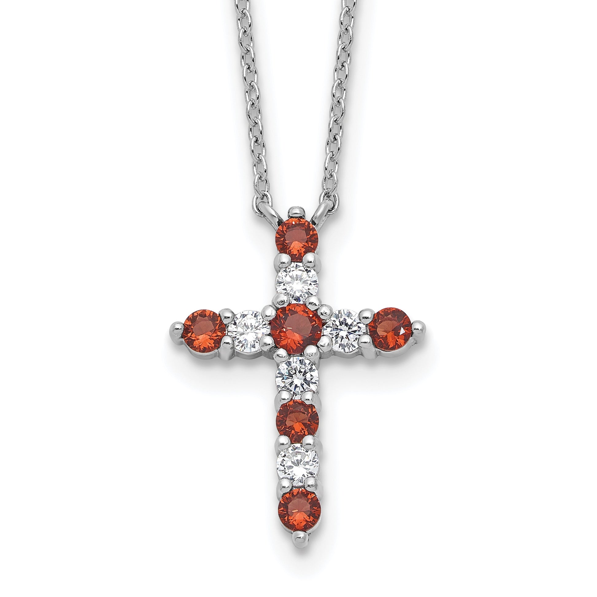SS Rhodium-plated Red CZ January Birthstone Cross w/2in ext Necklace