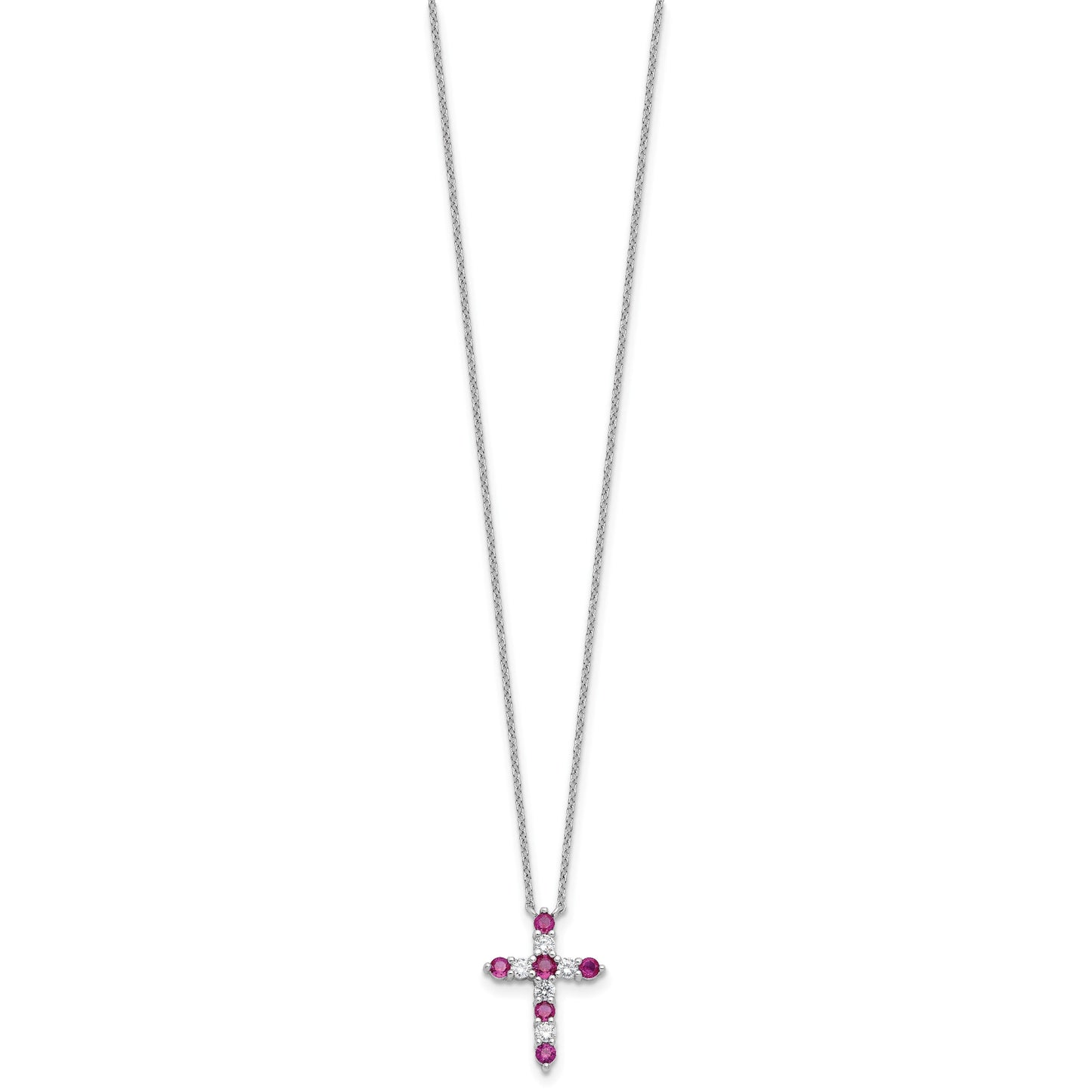 SS Rhodium-plated Dark Pink CZ July Birthstone Cross w/2in ext Necklace