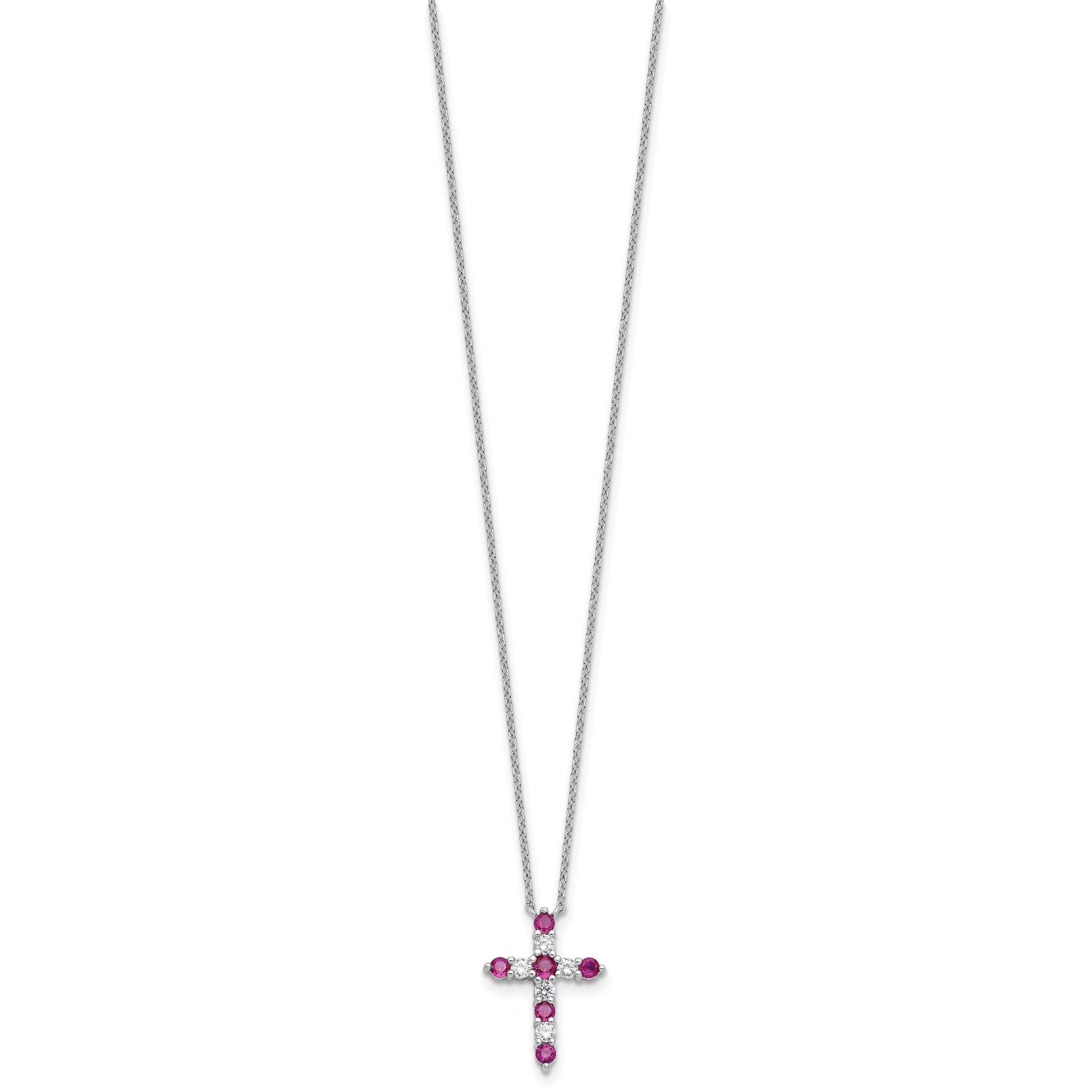 SS Rhodium-plated Dark Pink CZ July Birthstone Cross w/2in ext Necklace