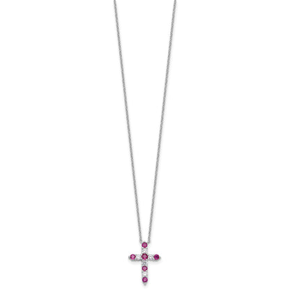 SS Rhodium-plated Dark Pink CZ July Birthstone Cross w/2in ext Necklace