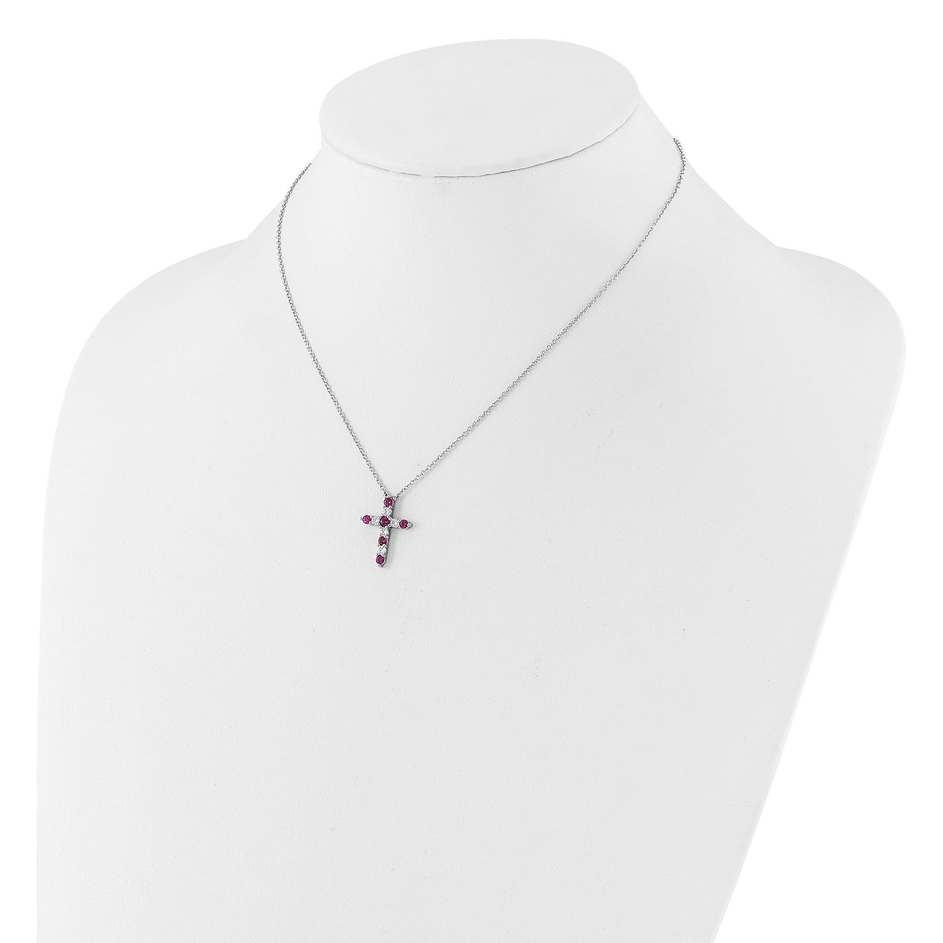 SS Rhodium-plated Dark Pink CZ July Birthstone Cross w/2in ext Necklace