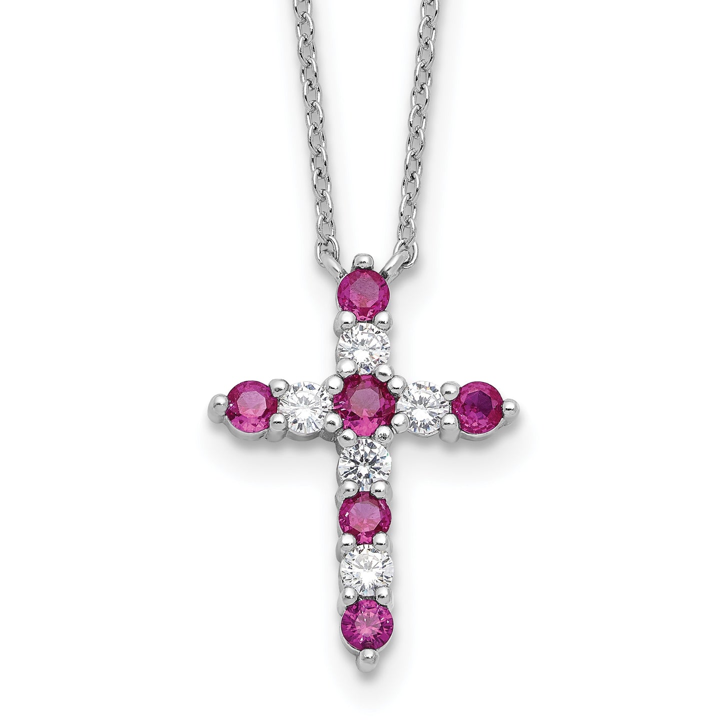SS Rhodium-plated Dark Pink CZ July Birthstone Cross w/2in ext Necklace