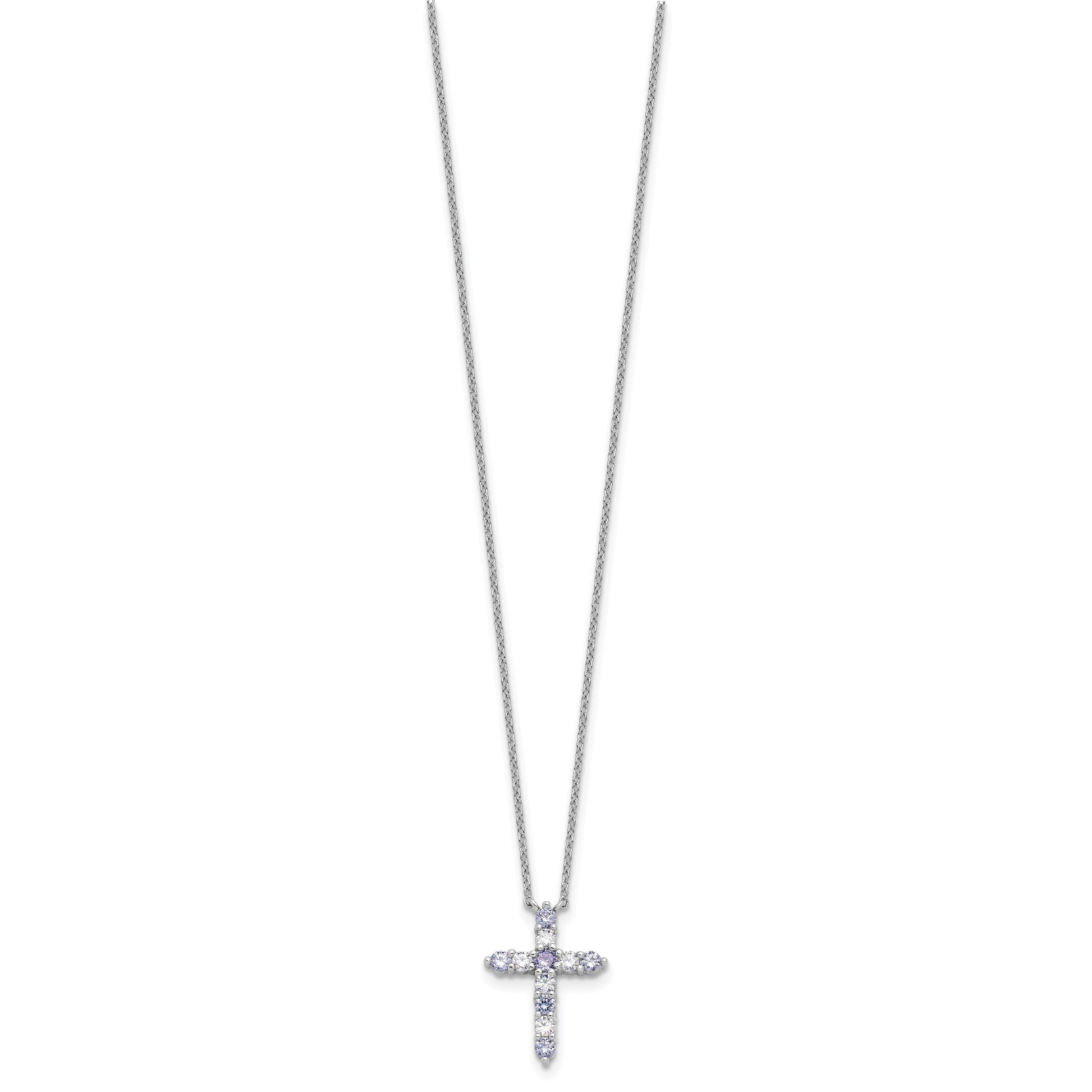 SS Rhodium-plated Lavender CZ June Birthstone Cross w/2in ext Necklace