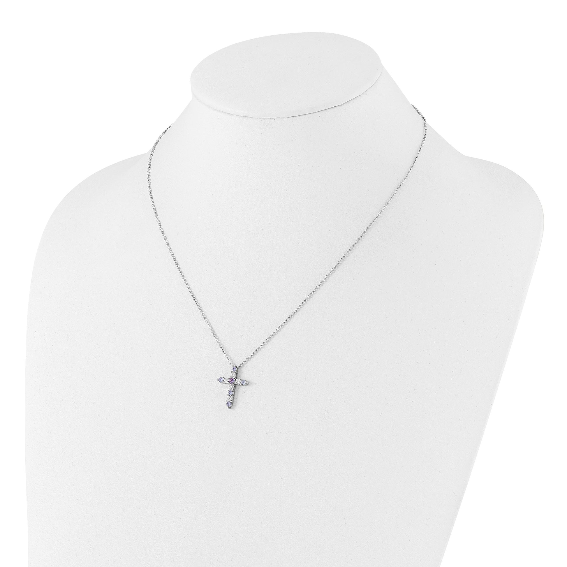 SS Rhodium-plated Lavender CZ June Birthstone Cross w/2in ext Necklace
