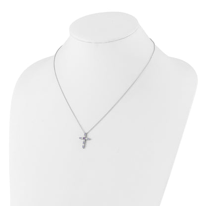 SS Rhodium-plated Lavender CZ June Birthstone Cross w/2in ext Necklace