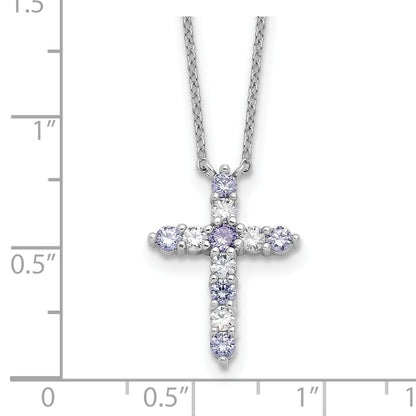 SS Rhodium-plated Lavender CZ June Birthstone Cross w/2in ext Necklace