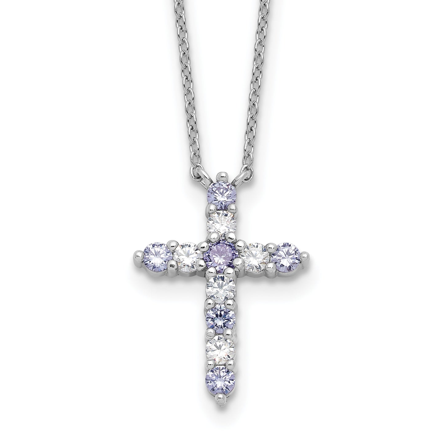 SS Rhodium-plated Lavender CZ June Birthstone Cross w/2in ext Necklace