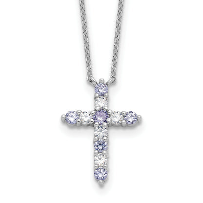 SS Rhodium-plated Lavender CZ June Birthstone Cross w/2in ext Necklace