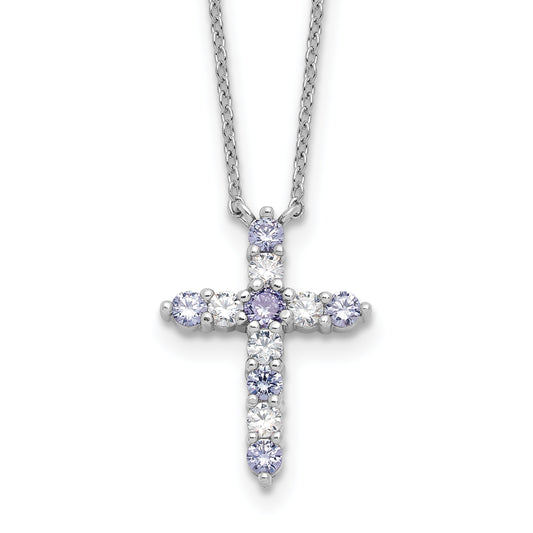 SS Rhodium-plated Lavender CZ June Birthstone Cross w/2in ext Necklace