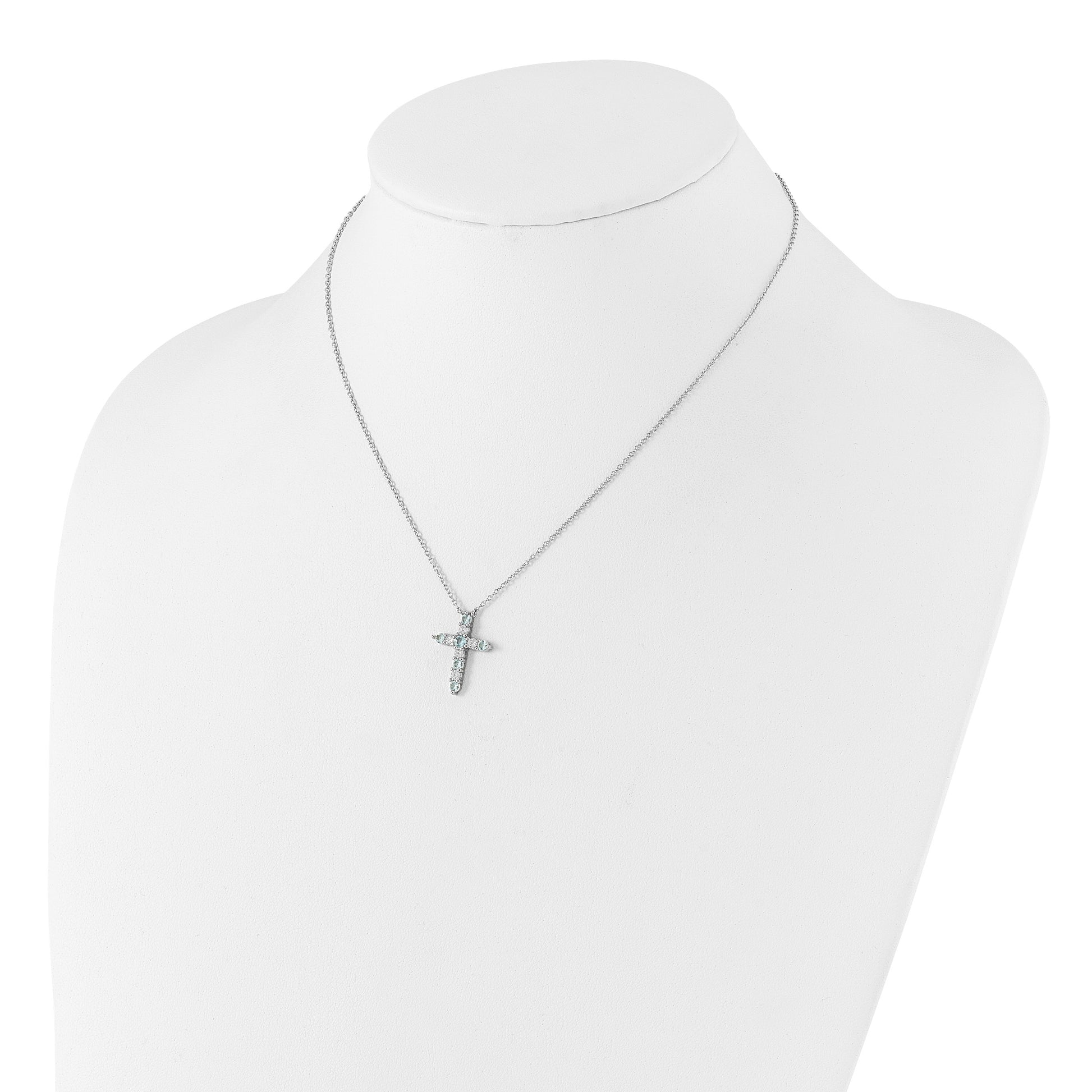 SS Rhodium-plated Lt Blue CZ March Birthstone Cross w/2in ext Necklace