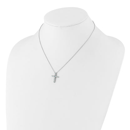 SS Rhodium-plated Lt Blue CZ March Birthstone Cross w/2in ext Necklace