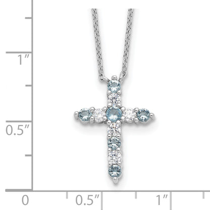 SS Rhodium-plated Lt Blue CZ March Birthstone Cross w/2in ext Necklace