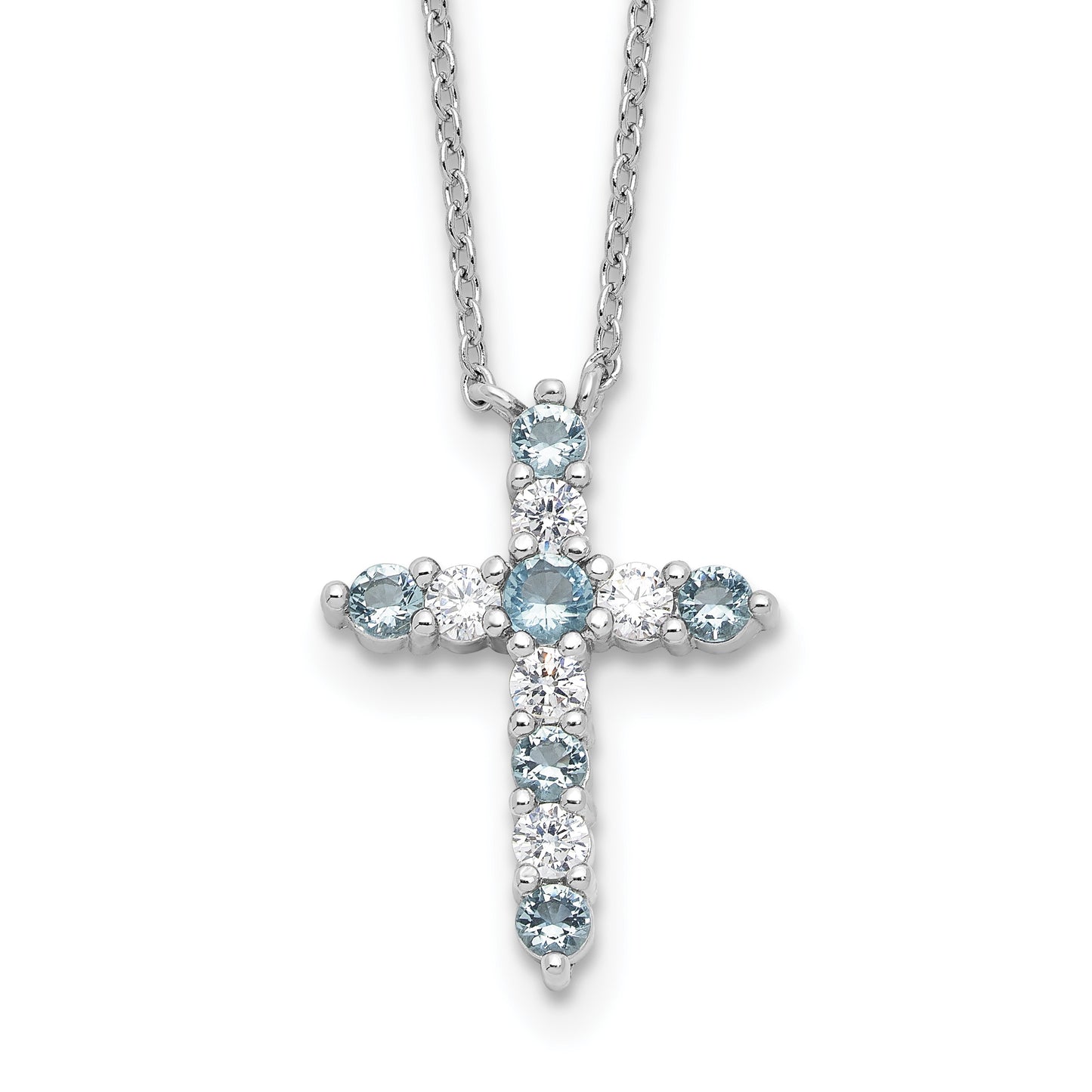 SS Rhodium-plated Lt Blue CZ March Birthstone Cross w/2in ext Necklace