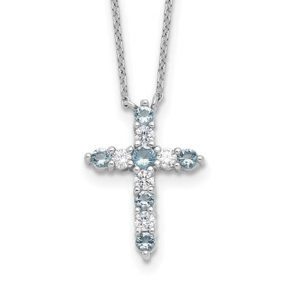 SS Rhodium-plated Lt Blue CZ March Birthstone Cross w/2in ext Necklace