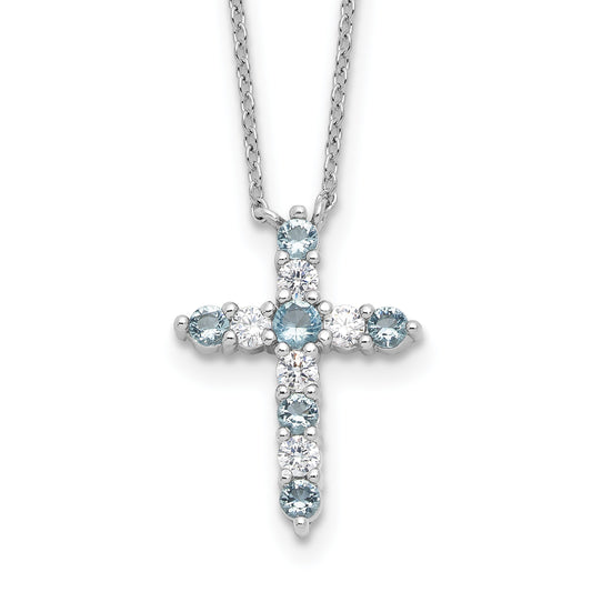 SS Rhodium-plated Lt Blue CZ March Birthstone Cross w/2in ext Necklace