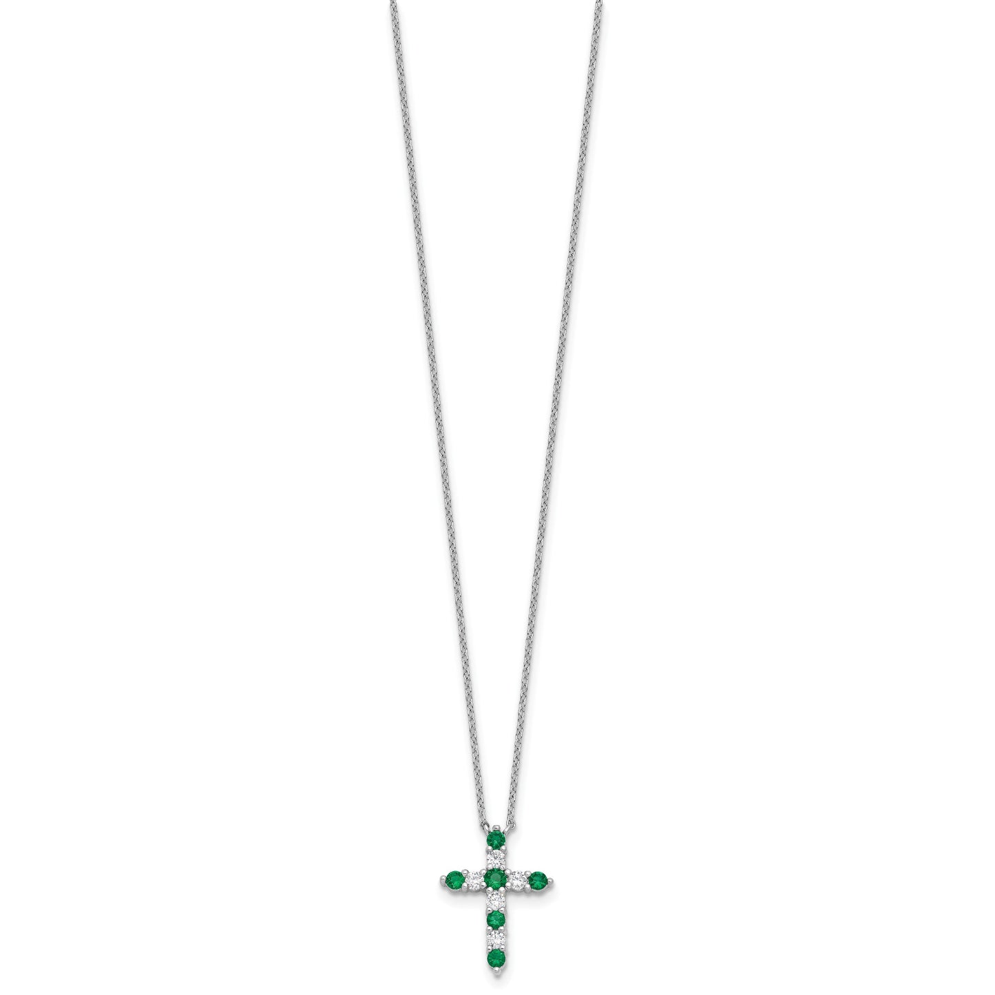 SS Rhodium-plated Green CZ May Birthstone Cross w/2in ext Necklace