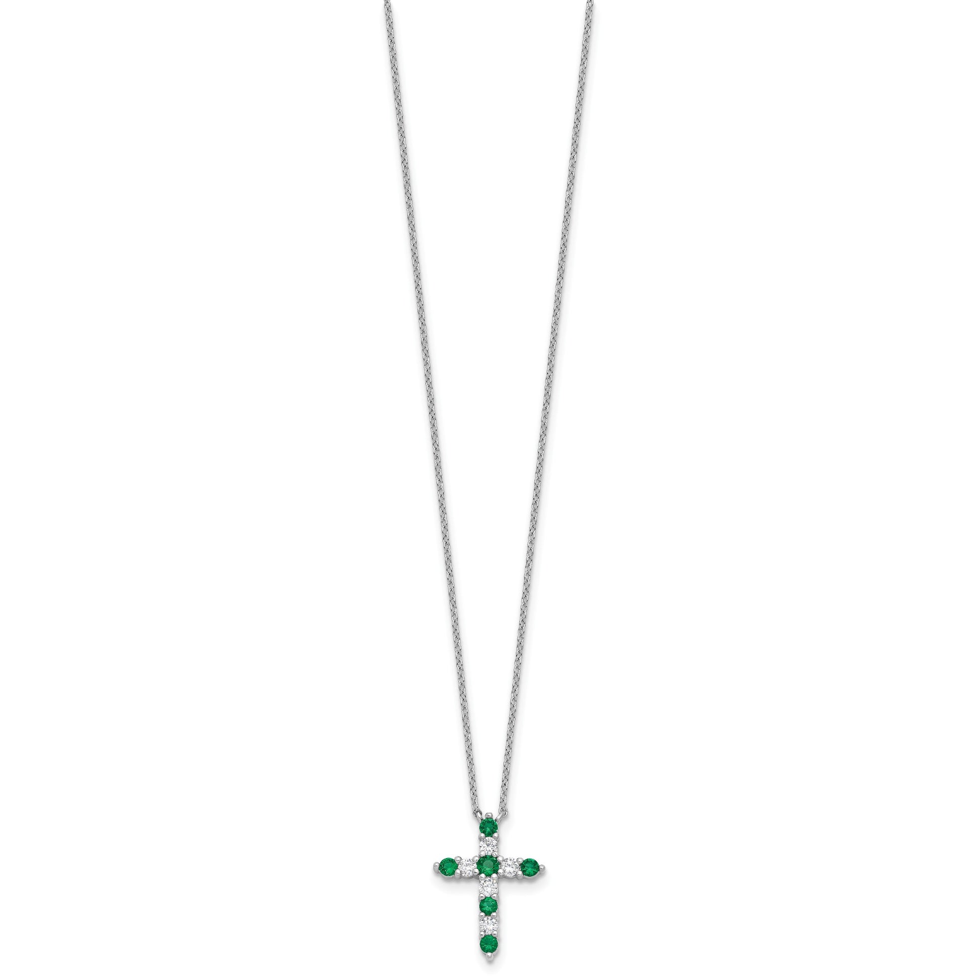 SS Rhodium-plated Green CZ May Birthstone Cross w/2in ext Necklace