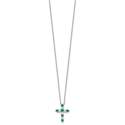 SS Rhodium-plated Green CZ May Birthstone Cross w/2in ext Necklace