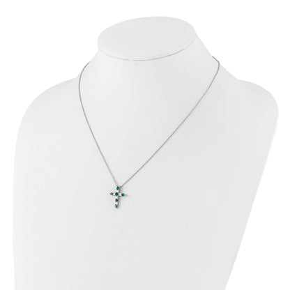SS Rhodium-plated Green CZ May Birthstone Cross w/2in ext Necklace